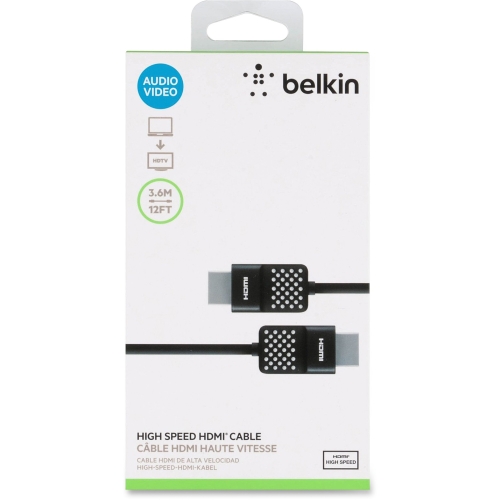Belkin HDMI Cable - HDMI for Audio/Video Device, TV, Satellite Receiver - 12 ft - 1 Pack - HDMI (Type A) Male Digital Audio/Video - HDMI (Type A) Male Digital Audio/Video