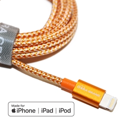 APPLE MFI CERTIFIED - LIGHTNING TO USB BRAIDED CABLE WITH ALUMINUM HOUSING, 7 FEET ORANGE/WHITE