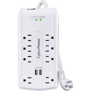 CyberPower CSP806U Professional 8 - Outlet Surge with 3000 J - Clamping Voltage 600V, 6 ft, NEMA 5-15P, 15 Amp, 2 - 2.4 Amps (Shared) USB, EMI/RFI Filtration, White, RG6 Coaxial Protection, Lifetime Warranty