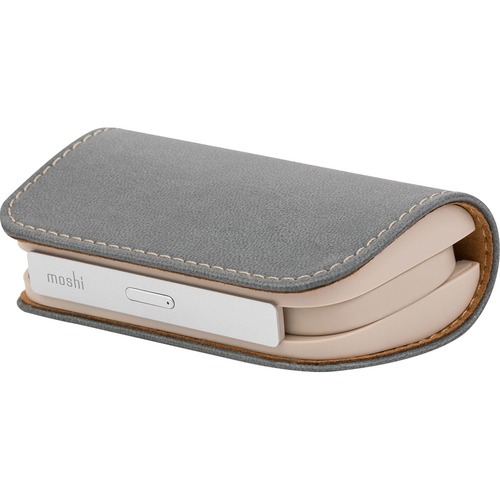 IonGo 5K Duo Power Bank 5000mAh with Built-in USB C Cable & Lightning Cable [MFi-Certified], Lightweight Portable Battery, Premium Vegan Leather with Magnetic Closure, Fossil Gray