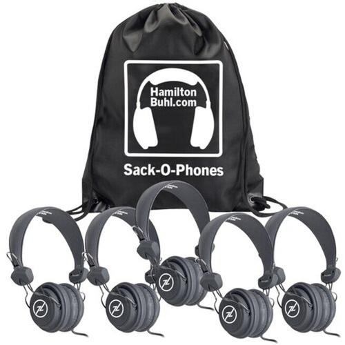 Hamilton Buhl Sack-O-Phones, 5 Gray Favoritz Headsets With In-Line Microphone And TRRS Plug