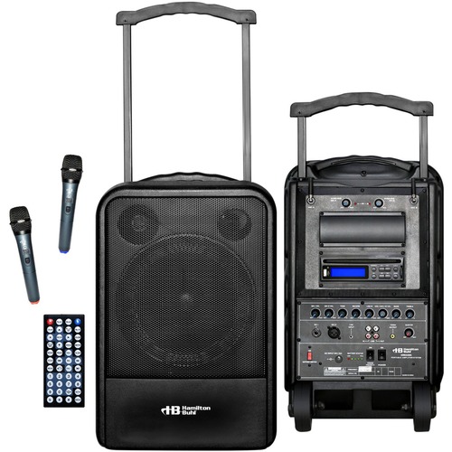 Hamilton Buhl High Quality PA System - DVD/CD/MP3 Bluetooth&amp;reg; and Wireless Handheld Microphones - 100 W Amplifier - Wireless Microphone - Battery, AC Adapter - Built-in Amplifier - 1 x Speakers - 2 x Microphones - Bluetooth - Battery Rechargeable - Portable - Black