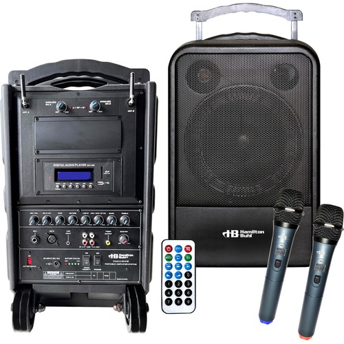 Hamilton Buhl High Quality PA System with Bluetooth and Wireless Handheld Microphones - 60 W Amplifier - Wireless Microphone - Battery - Built-in Amplifier - 2 x Speakers - 2 x Microphones - Bluetooth - 4 Audio Line In - USB Port - Battery Rechargeable - 9 Hour - Portable