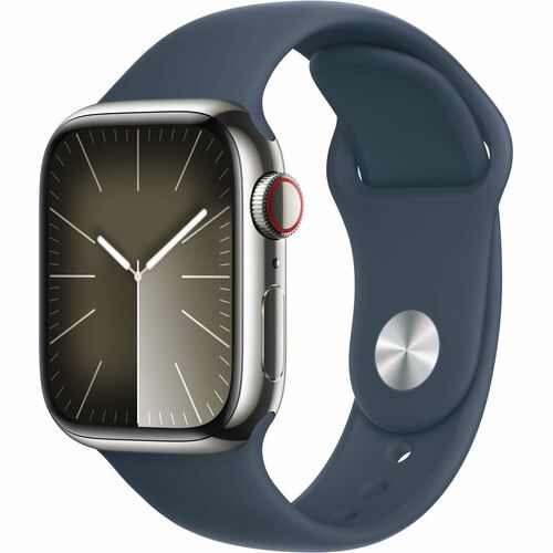 Apple Watch Series 9 GPS + Cellular 41mm Silver Stainless Steel Case with Storm Blue Sport Band - M/L