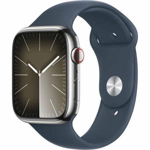 Apple Watch Series 9 GPS + Cellular 45mm Silver Stainless Steel Case with Storm Blue Sport Band - M/L
