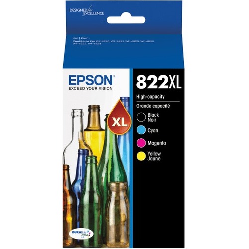 Epson 822XL DuraBrite High-Yield Black, Cyan, Magenta, Yellow Ink Cartridges, Pack of 4, T822XL-XCS - Inkjet - High Yield - 4 / Pack