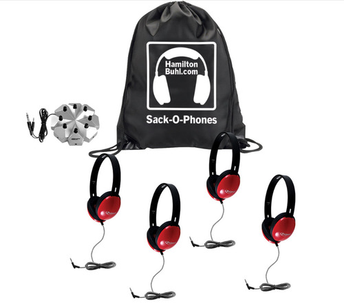 HamiltonBuhl Sack-O-Phones 4 Red Primo Headphones and 3.5mm Jackbox - Black-Gray-Red 4Pk