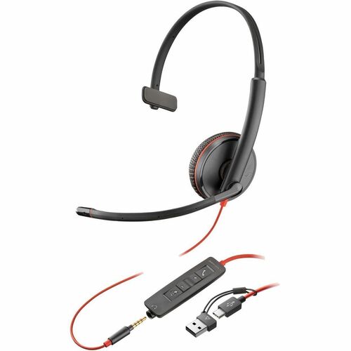Poly Blackwire 3215 Monaural USB-C Headset + 3.5mm Plug + USB-C/A Adapter (Bulk) - Microsoft Teams Certification - Mono - USB Type C, Mini-phone (3.5mm) - Wired - 32 Ohm - On-ear - Monaural - Ear-cup - 7.40 ft Cable - Omni-directional Microphone - Noise Canceling - Black