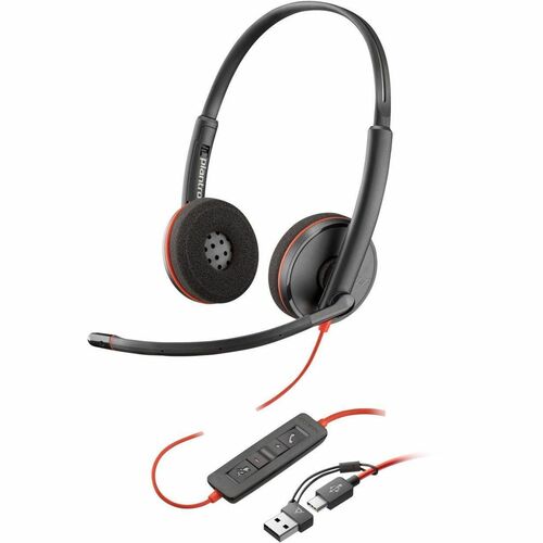 Poly Blackwire 3220 Stereo USB-C Headset +USB-C/A Adapter - Stereo - USB Type C, Mini-phone (3.5mm) - Wired - 32 Ohm - 20 Hz to 20 kHz - On-ear - Binaural - Ear-cup - 5.20 ft Cable - Omni-directional Microphone - Noise Canceling - Black