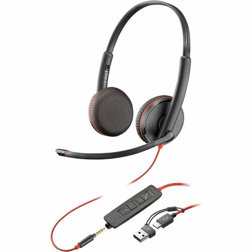 Poly Blackwire 3225 Stereo USB-C Headset + 3.5mm Plug + USB-C/A Adapter - Stereo - USB Type C, Mini-phone (3.5mm) - Wired - 32 Ohm - On-ear - Binaural - Ear-cup - 7.40 ft Cable - Omni-directional, Noise Cancelling Microphone - Black