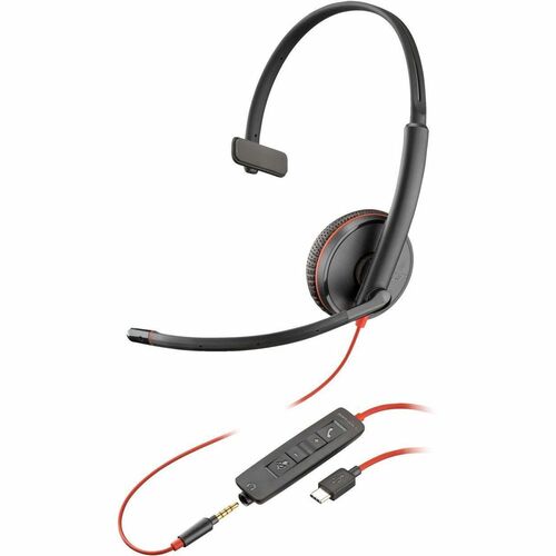 Poly Blackwire C3215 Monaural Headset +Carry Case TAA (Bulk) - Mono - Mini-phone (3.5mm), USB Type C - Wired - 32 Ohm - 20 Hz to 20 kHz - On-ear, Over-the-head - Monaural - Supra-aural - 7.40 ft Cable - Omni-directional, Noise Cancelling Microphone - Noise Canceling - Black - TAA Compliant