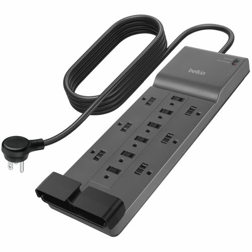 Belkin 12-Outlet Surge Protector - 8ft Cord - Right Angle Plug - 3940J - Grey - Belkin 12-Outlet Surge Protector w/ 12 AC Outlets &amp; 2.4M Long Flat Plug Heavy-Duty Extension Cord for Home, Office, Travel, Computer Desktop, Laptop &amp; Phone Charger - 3,940 Joules of Protection